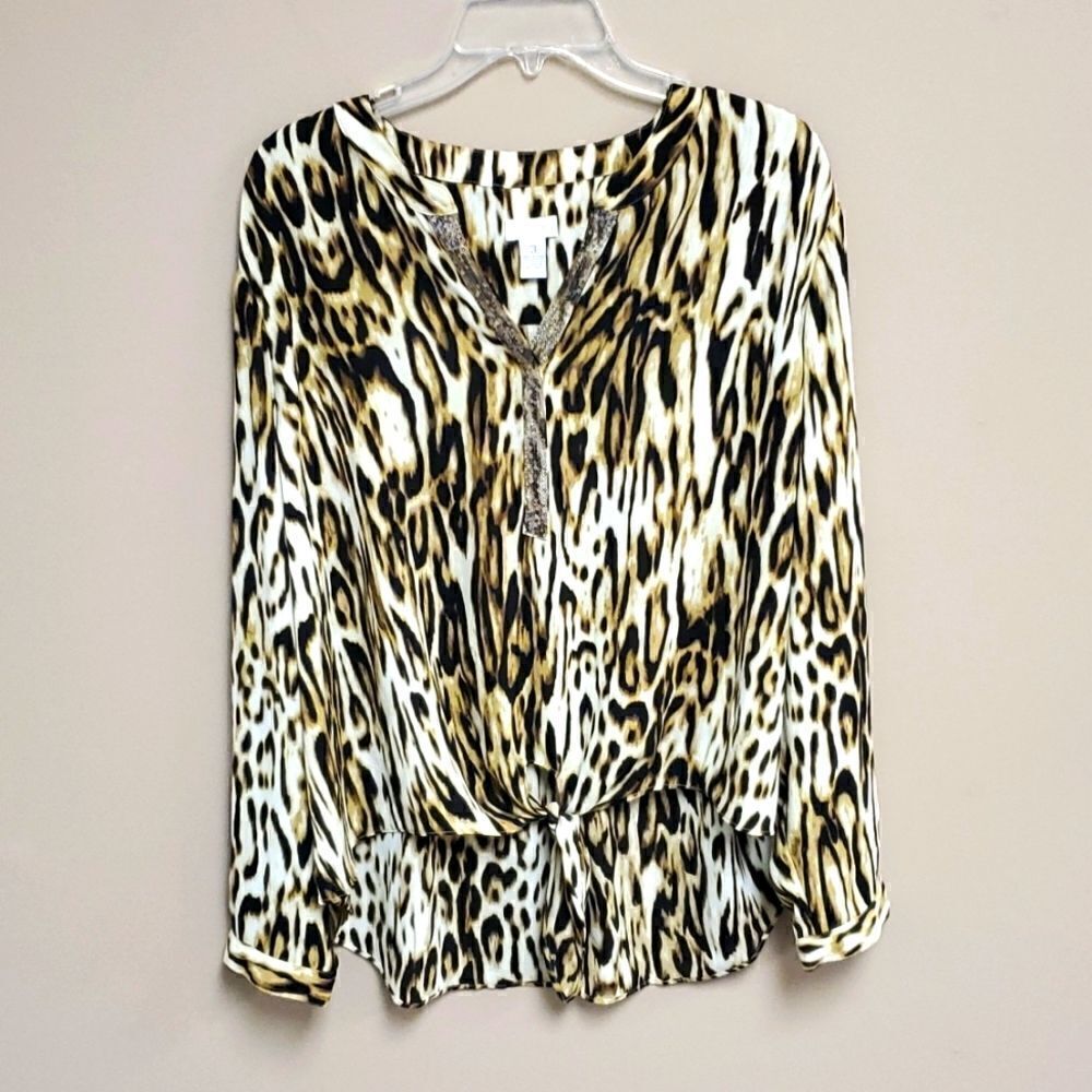 CHICO'S Hi-Lo Tie Front Leopard Blouse - Size 3‎
